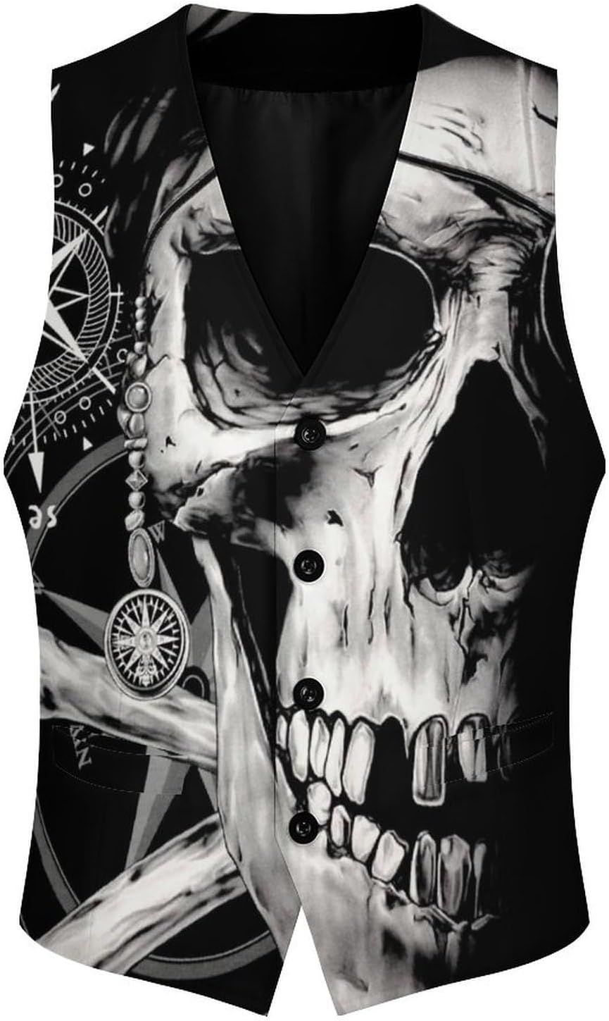 Pirate And Skull Compass Mens Suit Dress Vest Slim Fit Formal Business Waistcoat Tuxedo V-Neck Vest for Wedding Party