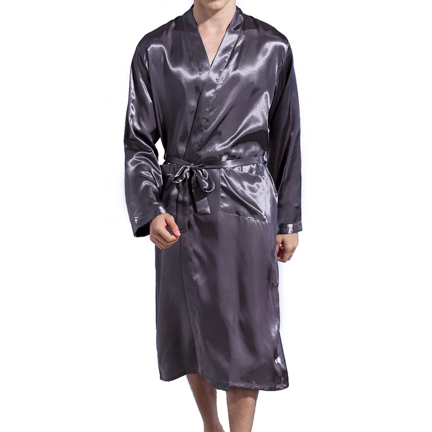 Men' Satin Kimono Robe Silk Classic Long Bathrobe Pockets Lighweight Loungewear
