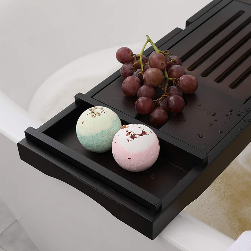 Bandeja de bambú para bañera con soporte para libros, soporte para copas de vino y ranura para iPad, color negro, accesorios de baño duraderos