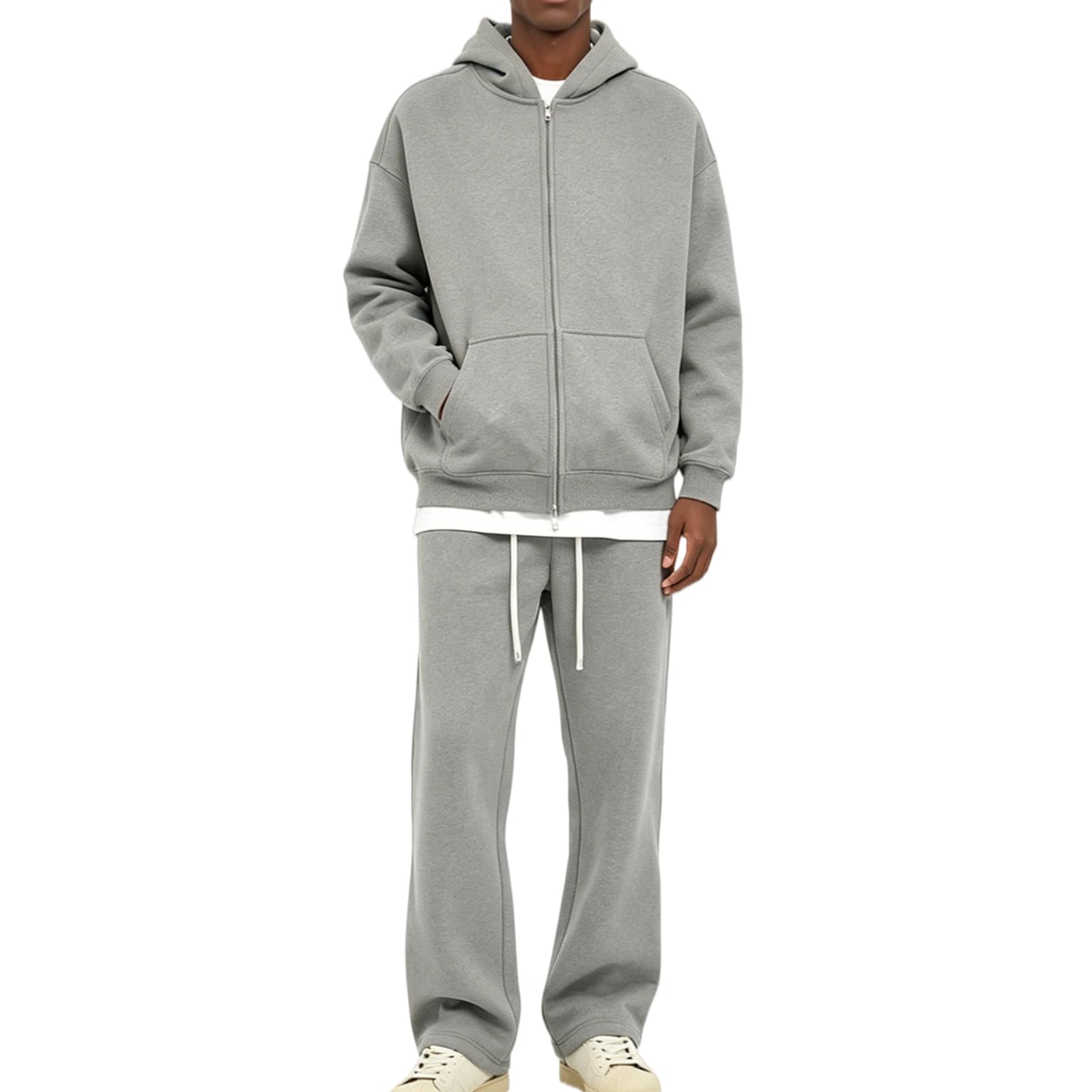 Dres, kurtka dresowa, bluza z kapturem, z zamkiem błyskawicznym, spodnie do joggingu zimowego, Jasnoszary, L