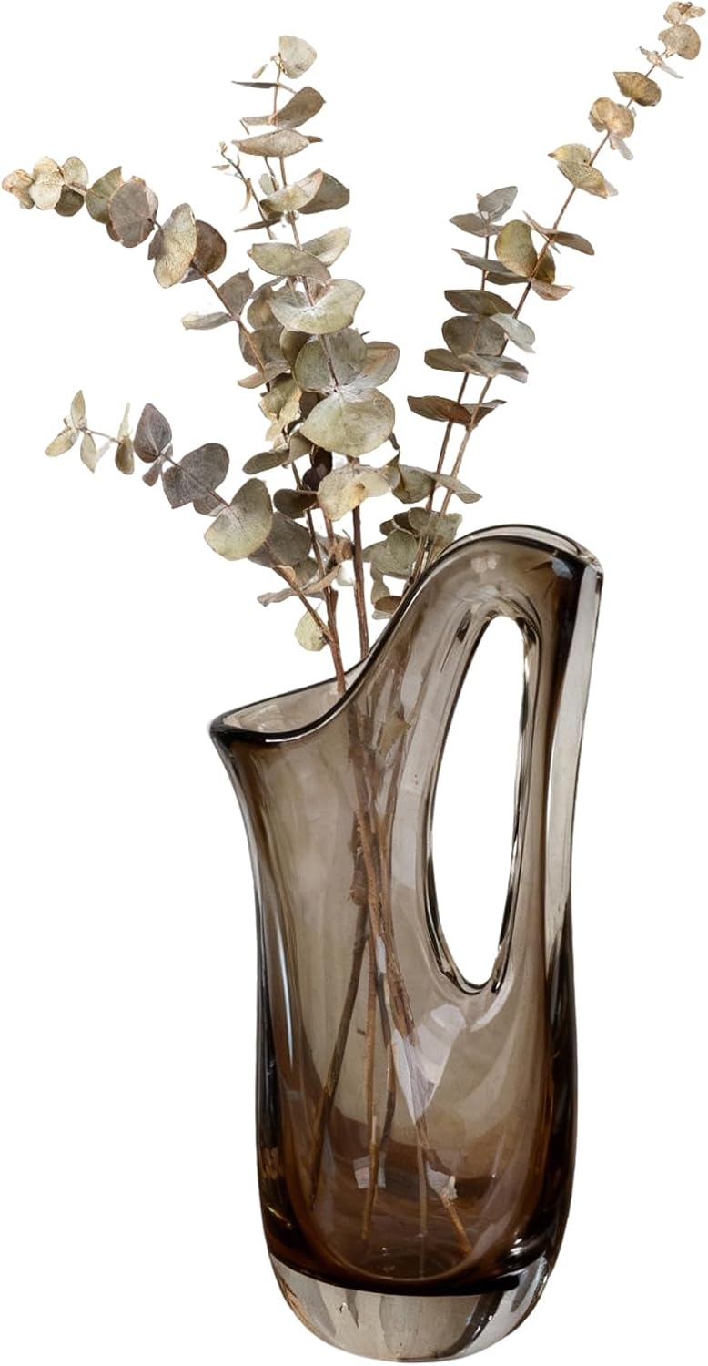 Brown Glass Vase for Flowers - 12.6" Hand Blown Wide Mouth Handled Pitcher Vase, Rustic Home Decor for Living Room Table & Office