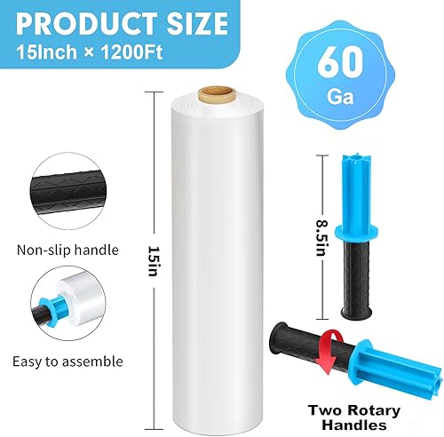 Miniatura 2 de PANDRI Película elástica, 15 pulgadas x 1200 pies por rollo, envoltura retráctil transparente con asas, envoltura de plástico para envoltura de
