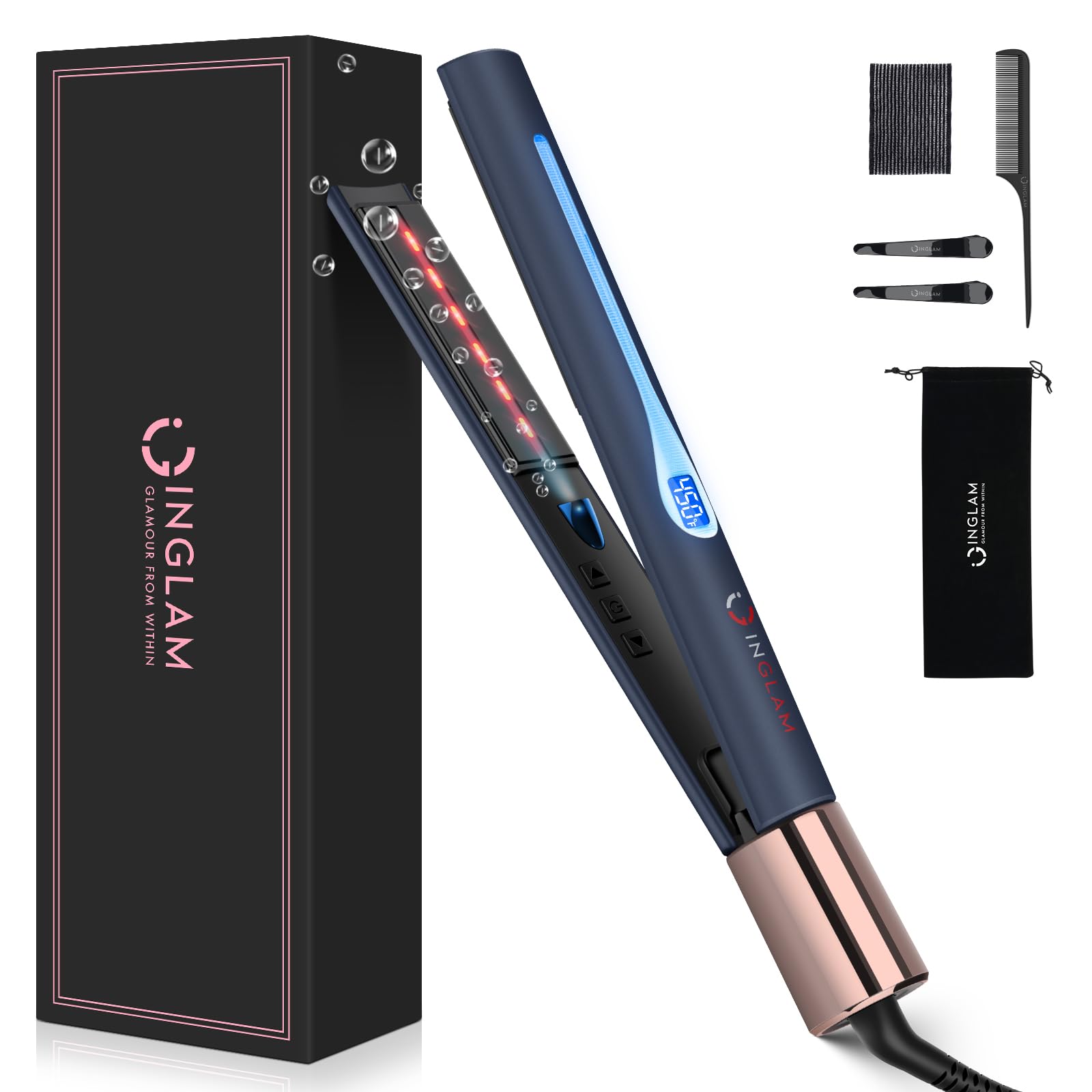 IG INGLAM Titanium Flat Iron Hair Straightener, 1 Inch Curling Iron, Infrared Negative Ionic Hair Straightener 11 Adjust Temp 250°F-450°F, Shiny Hair Dual Voltage 110-240V, Gift, Prussian Blue