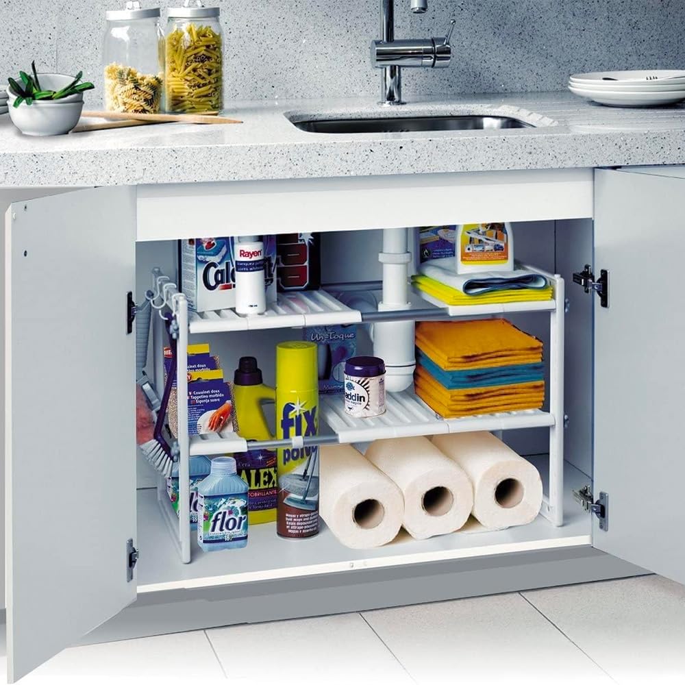 Avilia Scaffale Sottolavello con 2 Ripiani, Organizzatore Cucina e Bagno, Multifunzione, Alluminio Bianco 31x49.8x7cm