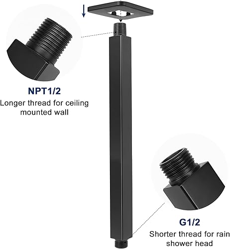 Miniatura 3 de NearMoon Brazo de ducha montado en el techo con brida, conexión universal 12 NPT brazo de ducha cuadrado recto para cabezal de ducha de lluvia fijo,