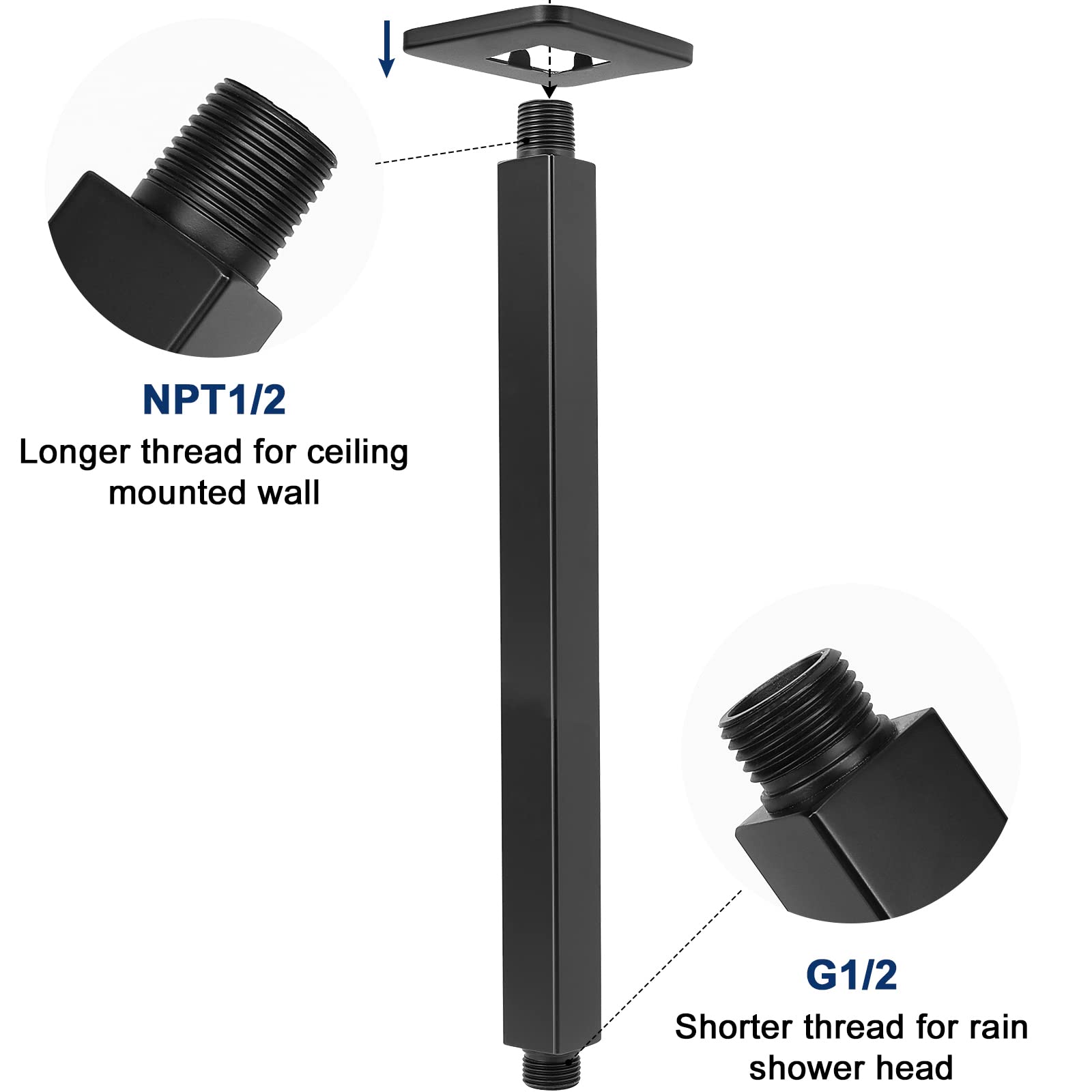 NearMoon Verstellbarer Duscharm Mattschwarz – 40,6 Cm, 3 Einstellungen, Massives Messing, Werkzeuglos Montierbar