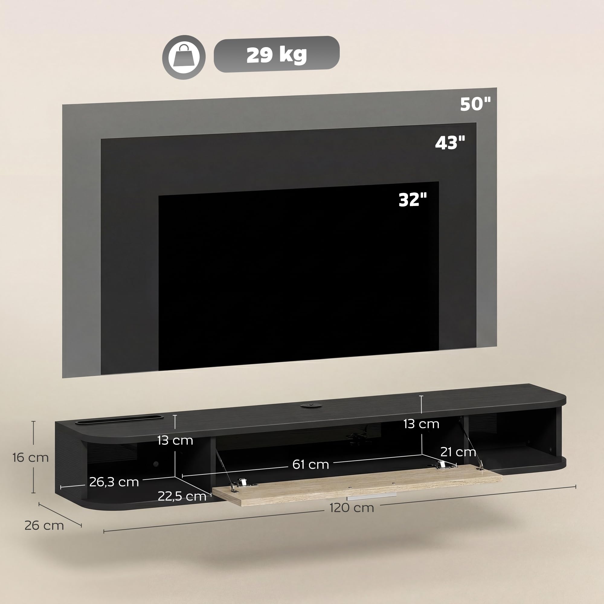 HOMCOM Meuble TV Suspendu 120 cm, Meuble télé pour téléviseur jusqu'à 50 Pouces avec Porte Rabattable, 2 Étagères Ouvertes et Passe-câbles, Banc TV Flottant pour Salon et Chambre, Noir et Chêne
