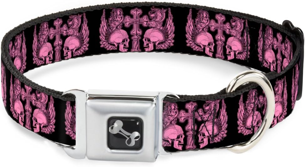 Dog Collar Seatbelt Buckle Buckle Down Skulls Wings Black Pink 13 to 18 Inches 1.5 Inch Wide