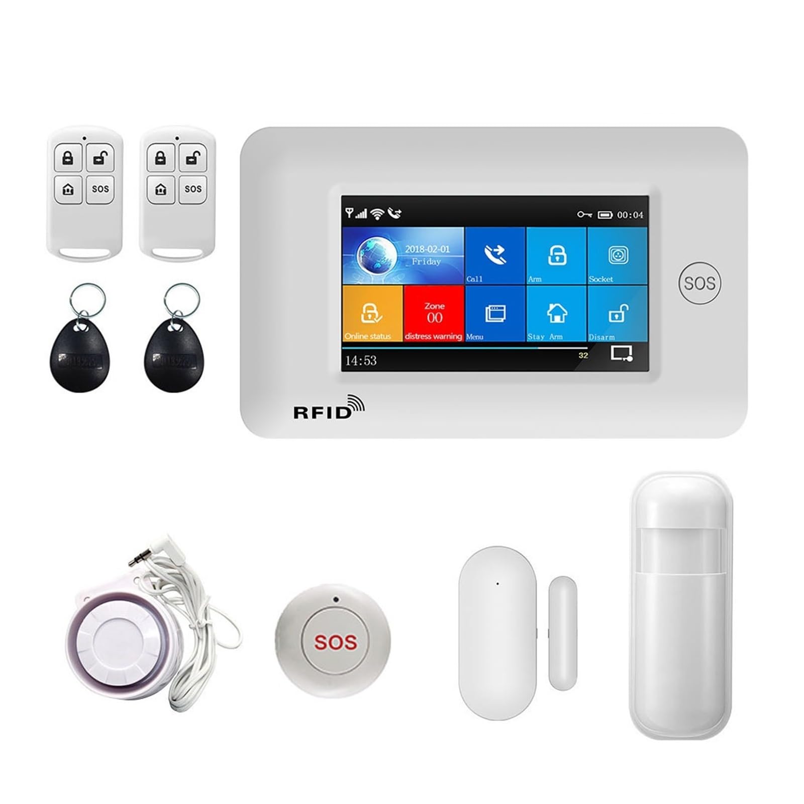Sistema di Allarme di Sicurezza Domestica, Smart Alarm 4.3 Pollici Full Touch Screen Wireless 433 MHz gsm di Allarme Antifurto Domestico con Rilevatore Fumo Kit Pulsanti SOS