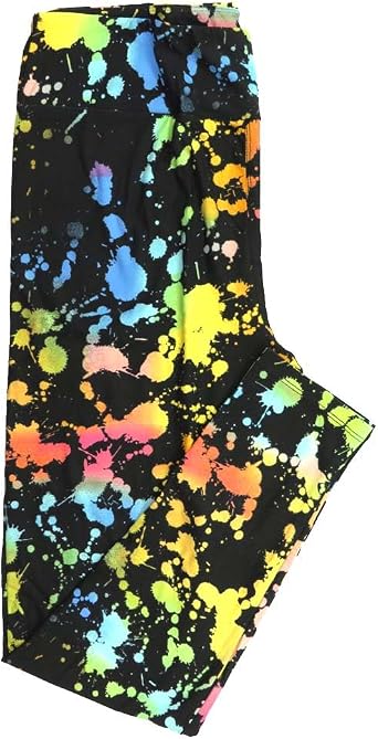 Lularoe Tall Curvy TC fits Sizes 12-18 Neon Paint Splatter Drops Black Yellow Blue Buttery Soft Adult Leggings