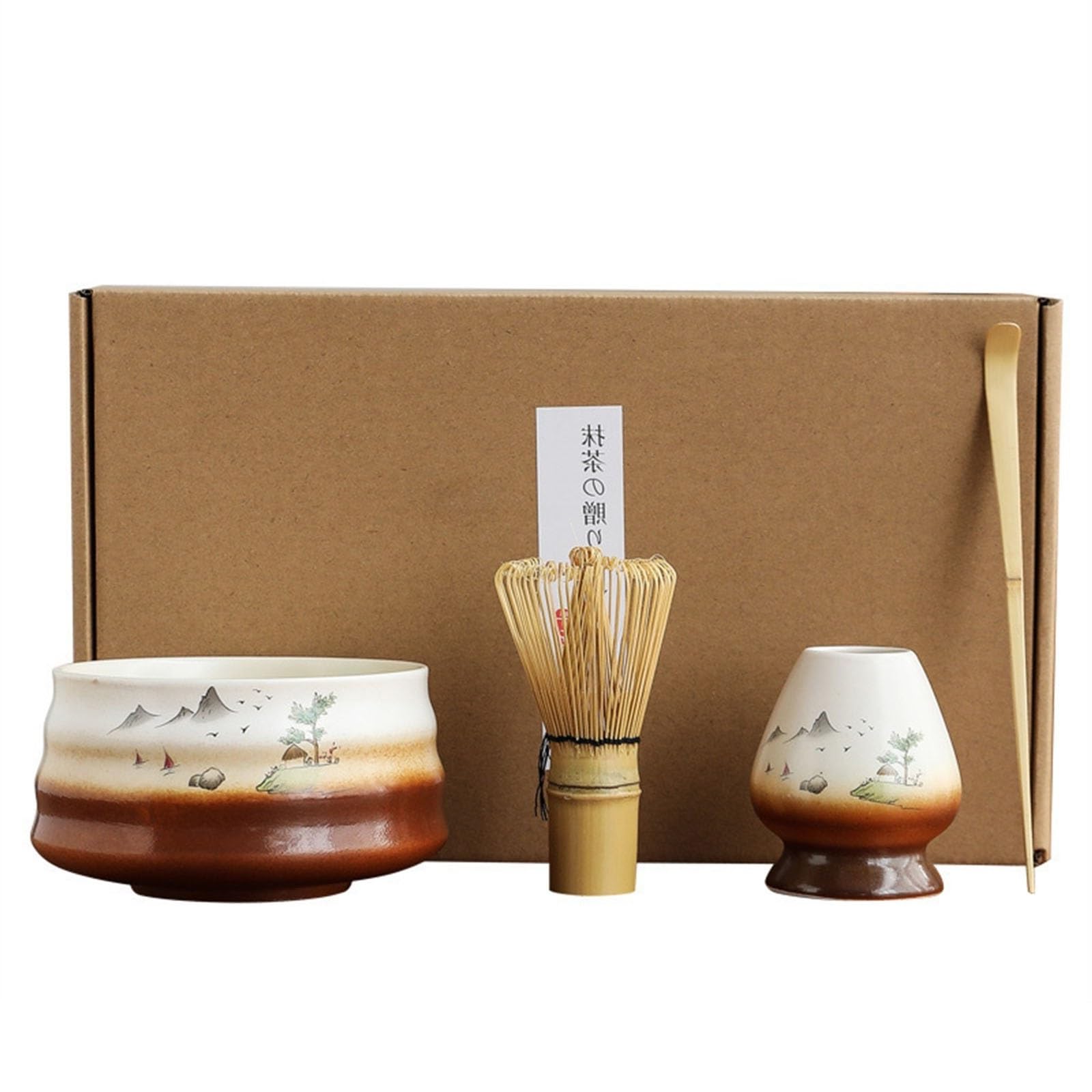 Ensemble de 4 Pièces Matcha Kit Fabrication Artisanale Convient Aux Amis Qui Aiment La Cérémonie du Thé Cuillere Matcha(Brown)