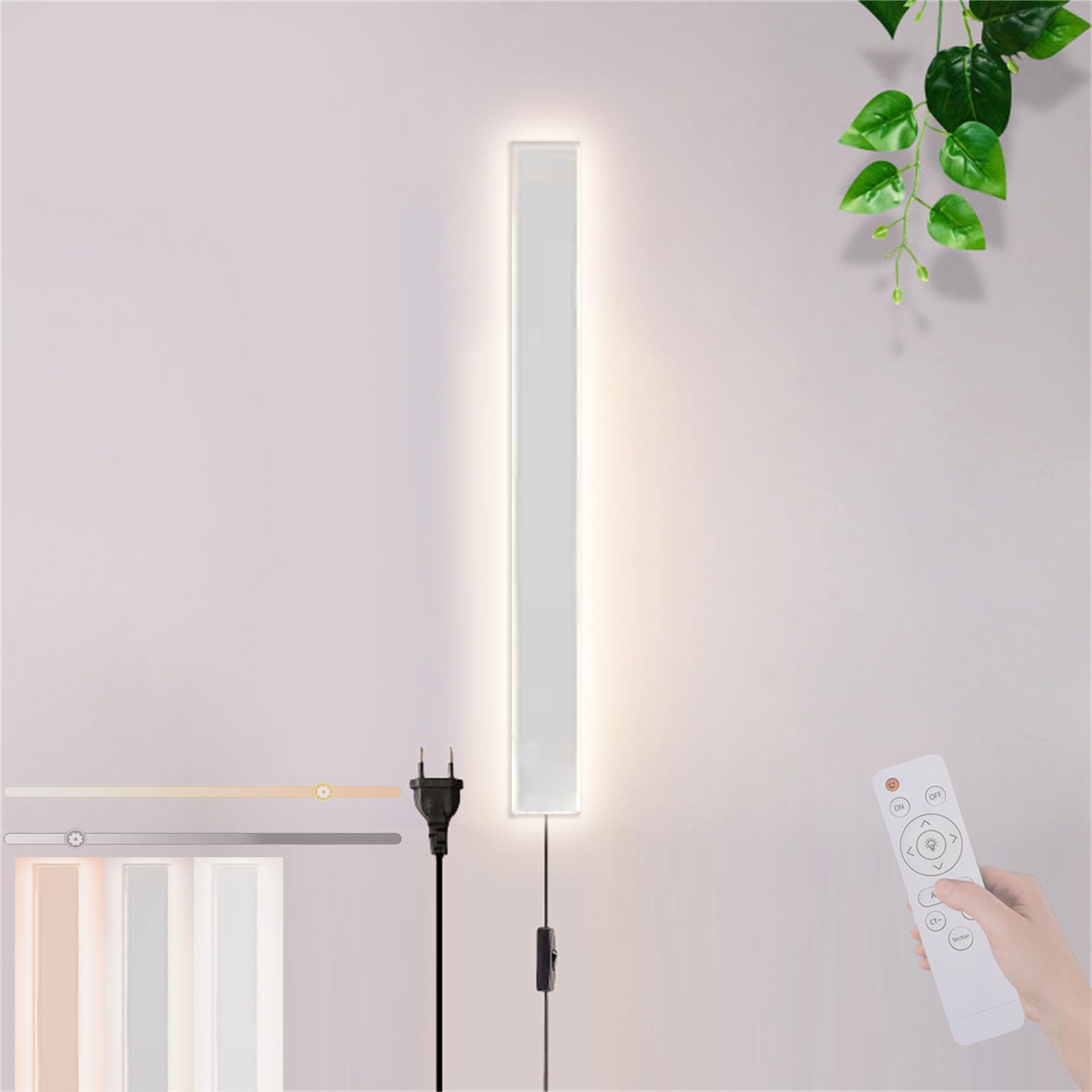Dimmbar Wandleuchte mit Fernbedienung LED Wandlampe mit Schalter und Stecker Lange Innen Wandbeleuchtung Moderne Flurlampe Innenbeleuchtung Für Schlafzimmer Wohnzimmer Treppenhaus (Schwarz,80CM)