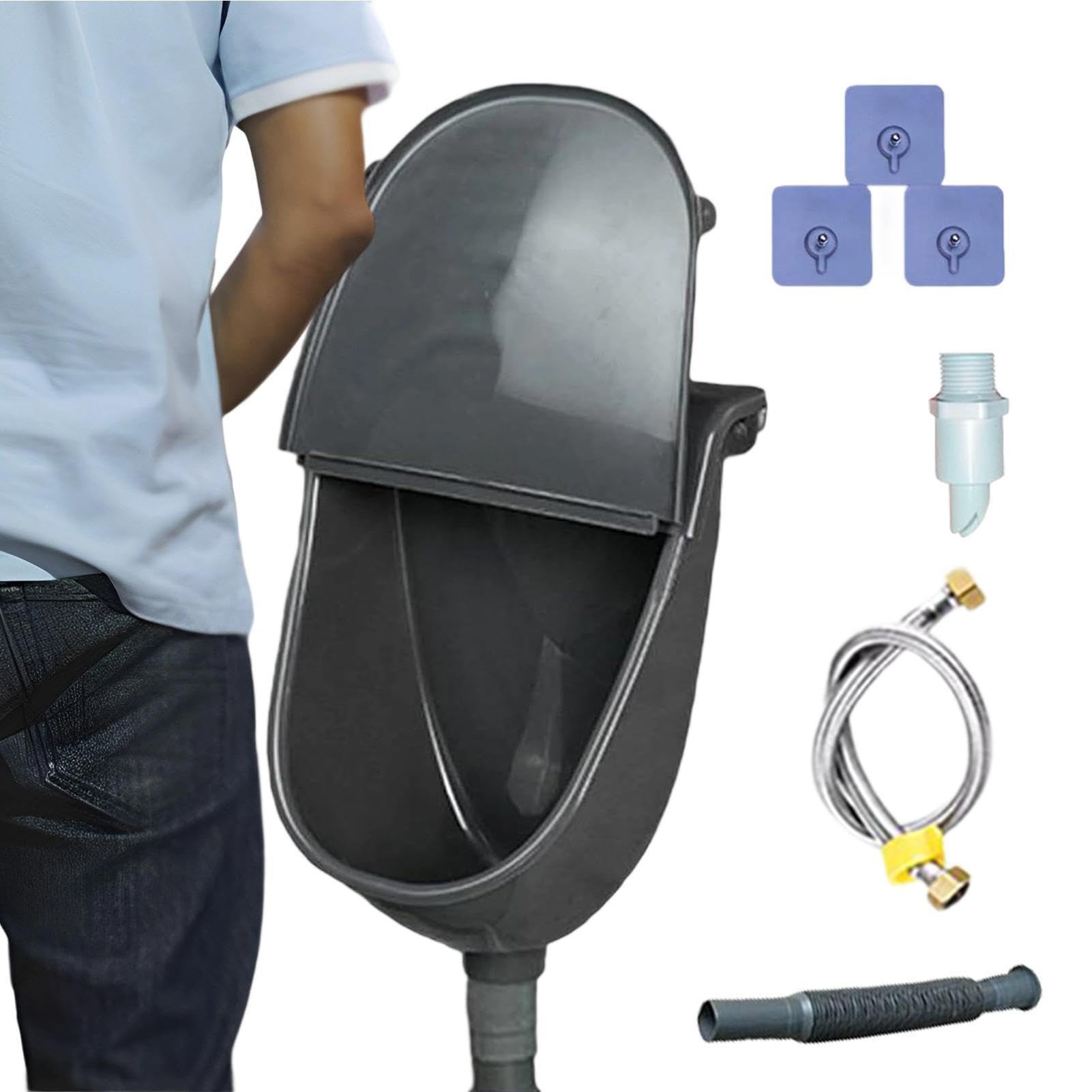 Männer Urinal – Außen Wandurinal | Mobiles Urinal mit Deckel – Herren Wand-Urinal Set für Camping RV Garten Garage Inklusive Ablaufschlauch Sprühdüse Klebepads Einfache Montage Ohne Bohren Weiß