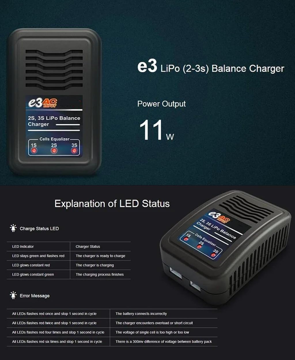 e3 2S 3S LiPo Battery Balance Charger AC 100V-240V for RC Car Boat Aircraft Drone Batteries Charging