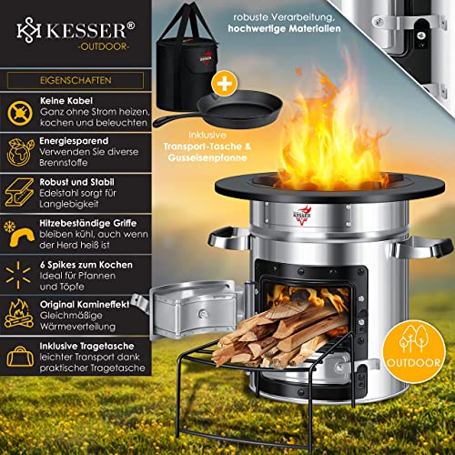 KESSER® Raketoven incl. grillpan van gietijzer met draagtas Dutch Oven BBQ raket houtkachel camping kooktoestel campinggrill roestvrij staal zilver - Afbeelding 3