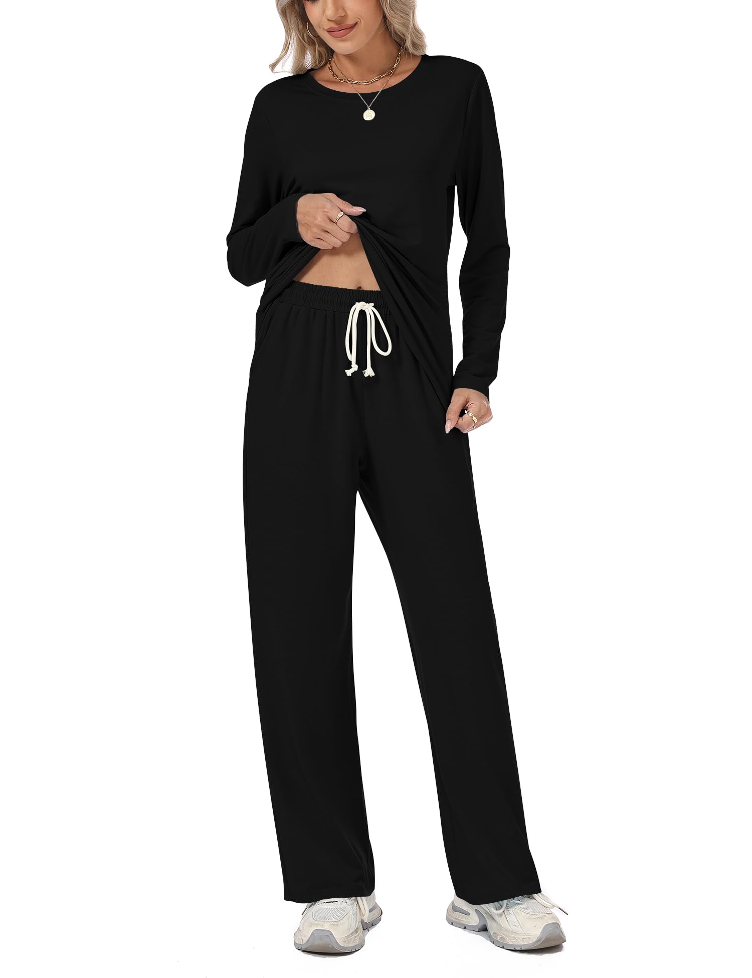 Rapbin Schlafanzug Damen Lang Pyjama Set Zweiteiliger Nachtwäsche Loungewear Damen Schlafen Oberteil und Schlafanzughose mit Taschen