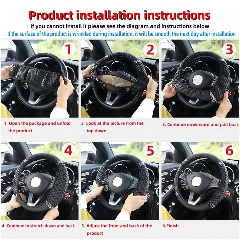 Miniatura 5 de Funda de cuero suave para volante, 15 pulgadas, con diamantes de imitación de cristal coloridos, protector de volante elástico automático para