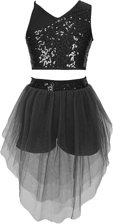 Aislor Little Girls Lyrical Ballet Latin Modern Dance Camisole Leotard Tutu Dress Sequins Crop Top with Mesh Irregular Skirt