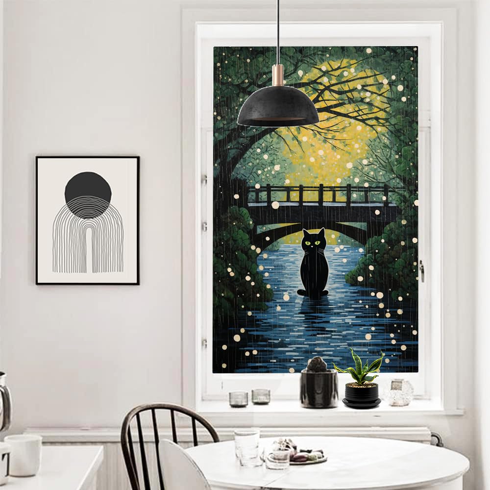 Pellicola Adesiva Per Vetri Con Gatto E Paesaggio Invernale – 60x100 Cm – Effetto Vetrata