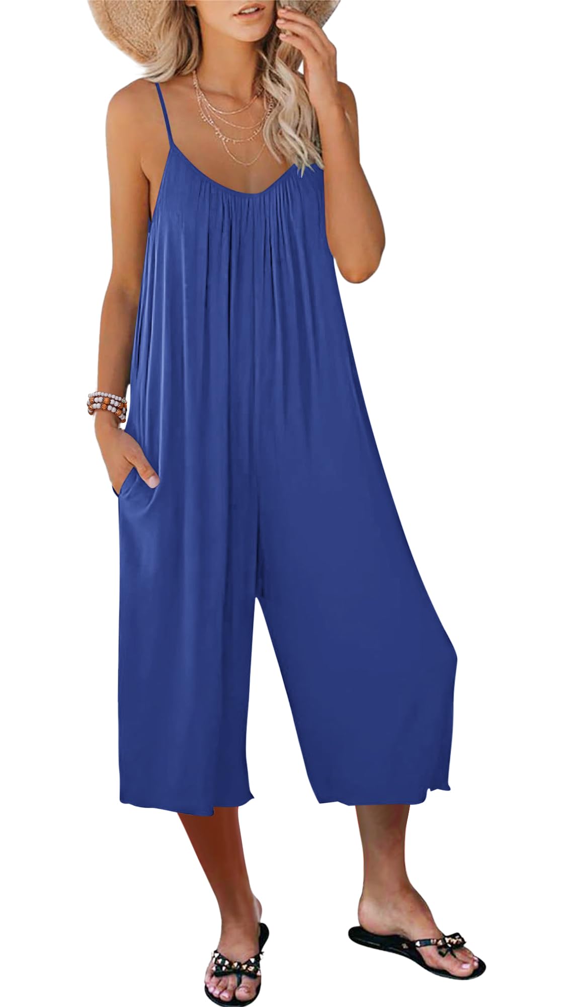 AUSELILY Mono Mujer Verano sin Mangas Jumpsuit Mujer Cuello en V Monos Pantalón Peto Suelto Playa Fiesta Vacaciones con Bolsillos