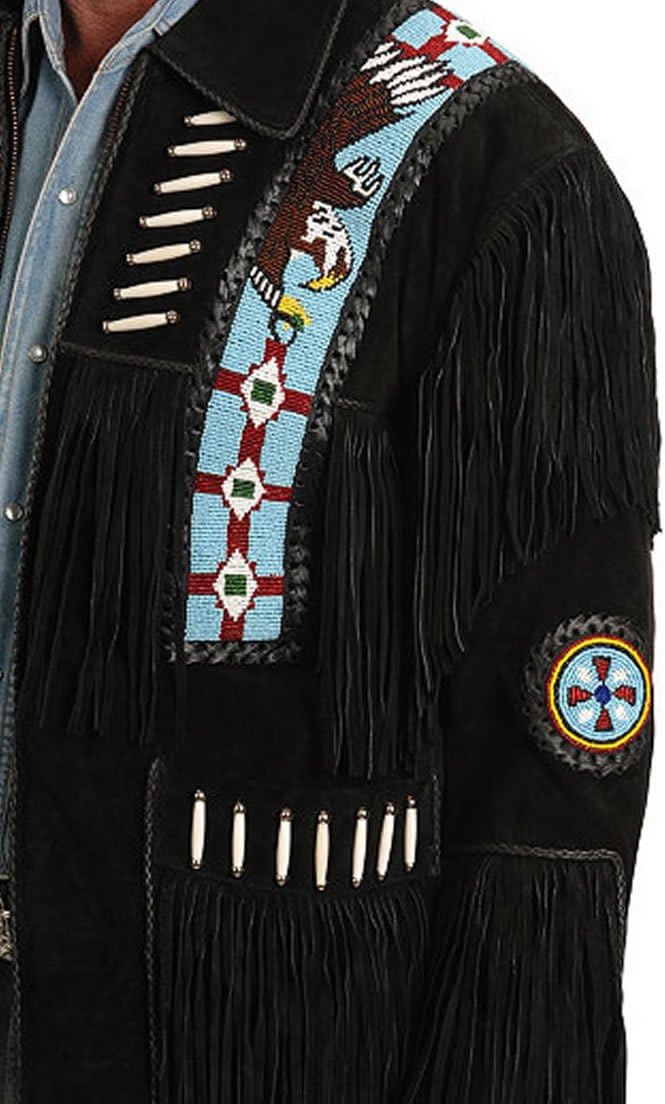 Classyak Western Style Real Leather Jacket, Fringes Beads & Bones