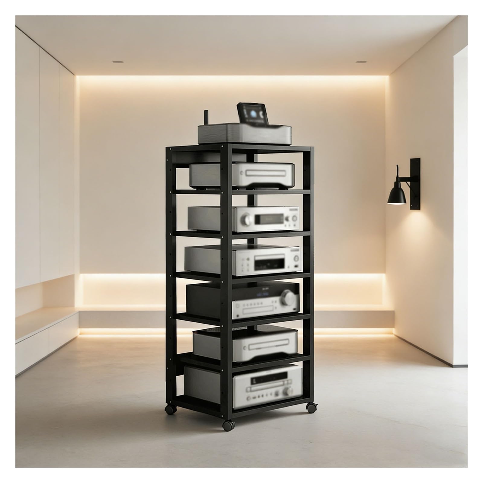 7 Ripiani Mobiletto Hi-Fi Multifunzione A, Av Tower Media Stand Supporto Con Ruote Universali Regolabile Mobiletto Portaoggetti for Casa/ufficio/teatro(Nero)