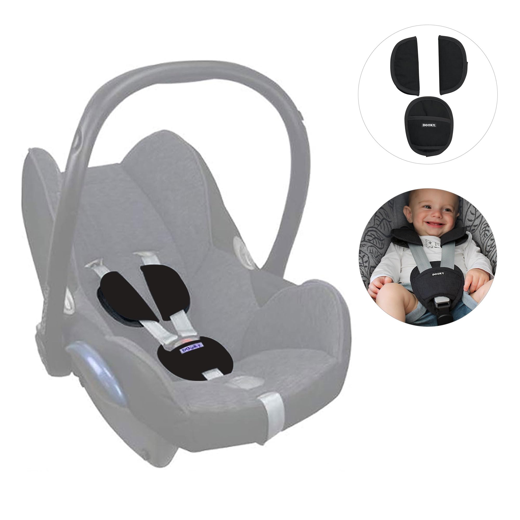 Dooky Universal Pads Black Uni Cubre cinturón y cojines de cinturón para el portabebés y asiento de coche (para cinturones de 3 y 5 puntos, para la mayoría de las marcas), Negro, 126941