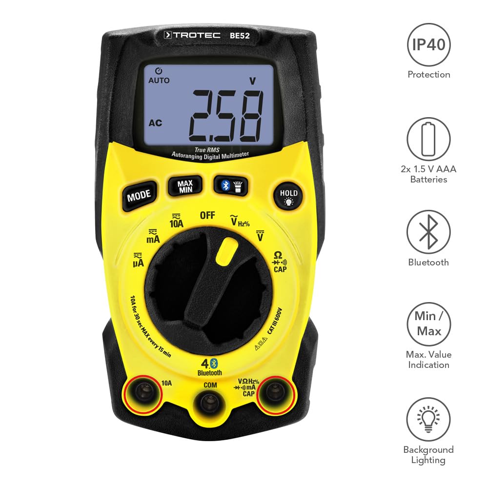 TROTEC Multimetr cyfrowy RMS prawdziwy BE52 | Multimetr cyfrowy Bluetooth, wielofunkcyjna cyfrowa jednostka pomiarowa, przyrządy pomiarowe