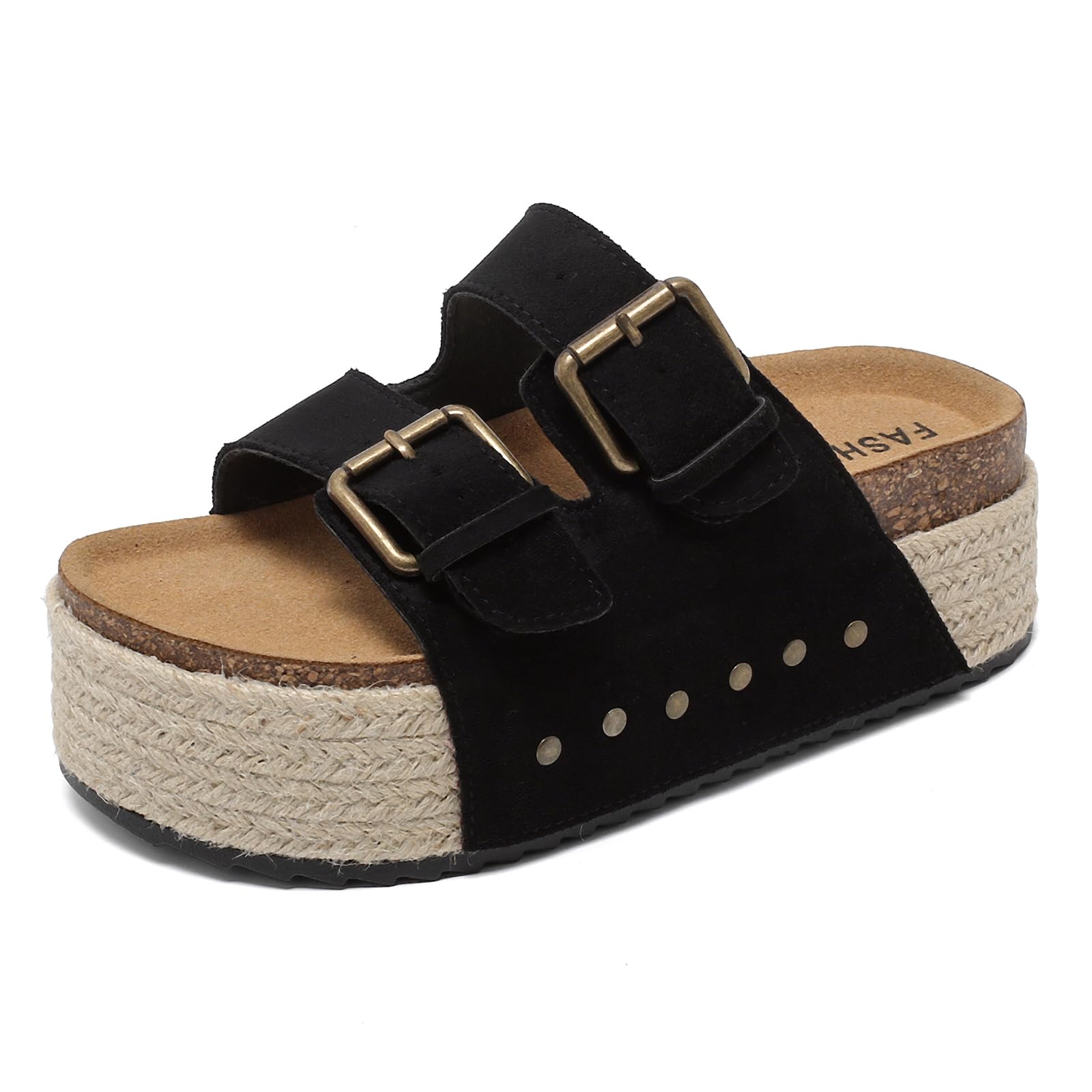 zaxunai Pantoletten Damen mit Kork-Fußbett Bequeme Plateau Sandalen & Slides für Damen mit Verstellbaren Riemen Sommer Hausschuhe mit Doppelten Schnallen und Rutschfesten Sohlen