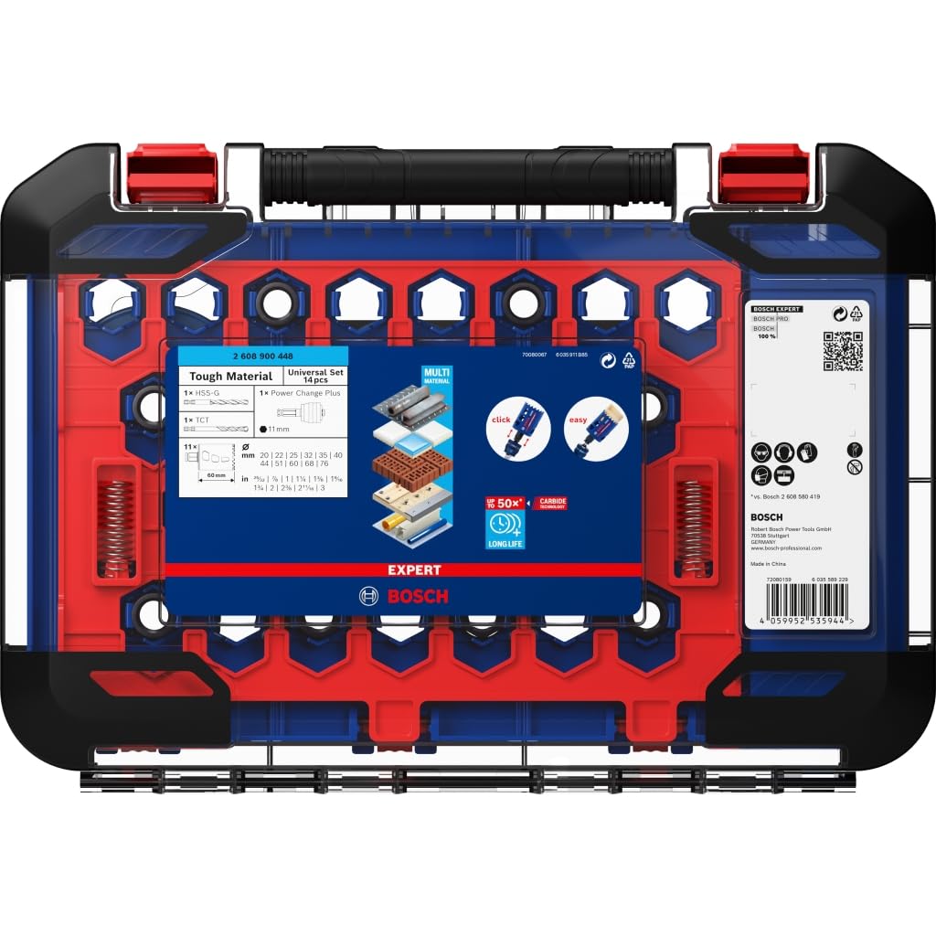 Bosch Professional 2608900448 14x Set di Seghe a Tazza Expert Tough Material (Accessorio Trapano a Percussione), Blu, Set Ø 20/22/25/32/35/40/44/51/60/68/76 mm