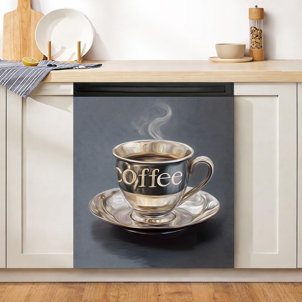 Coffee Cup Dishwasher Magnet Cover 23 x 26 Inch, Steaming Coffee Magnetic Dishwasher Door Cover, Metallic-Look Coffee Mug Appliance Front Panel Decor for Coffee Bar Kitchen