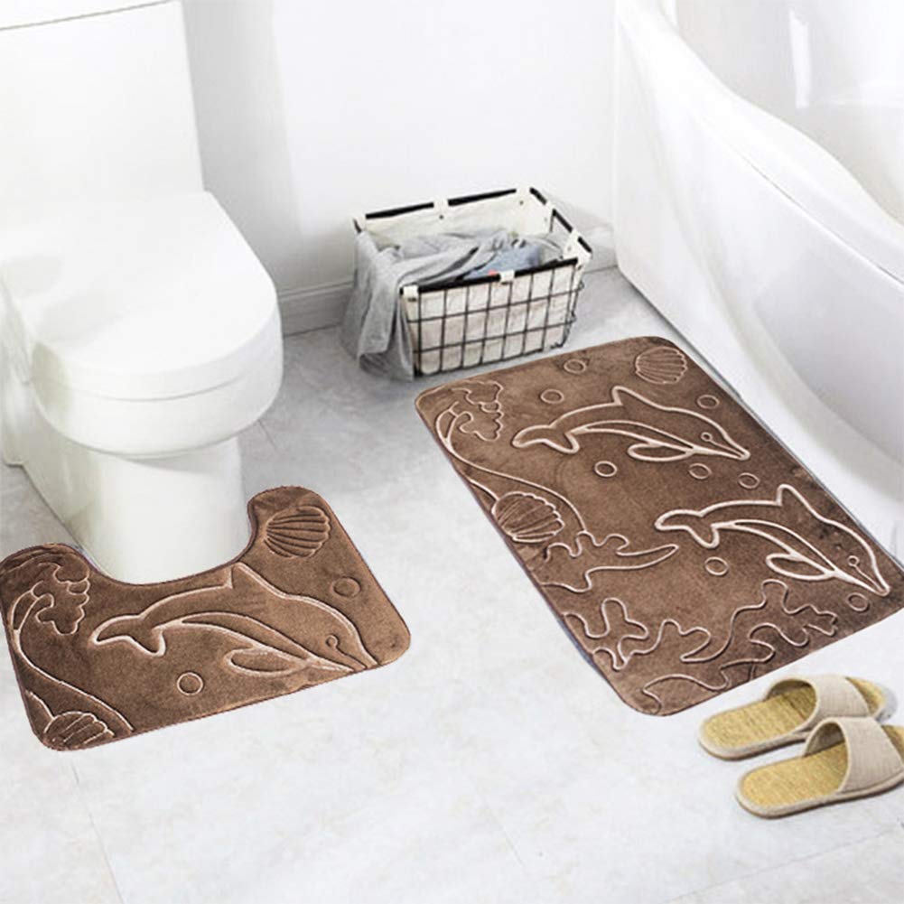 Le yi Wang You 2Pcs Toilet Mat Set, Dolphin Print Bathroom Non-Slip Toilet Carpet Rug Floor Mat Set Home Decor Coffee Coffee