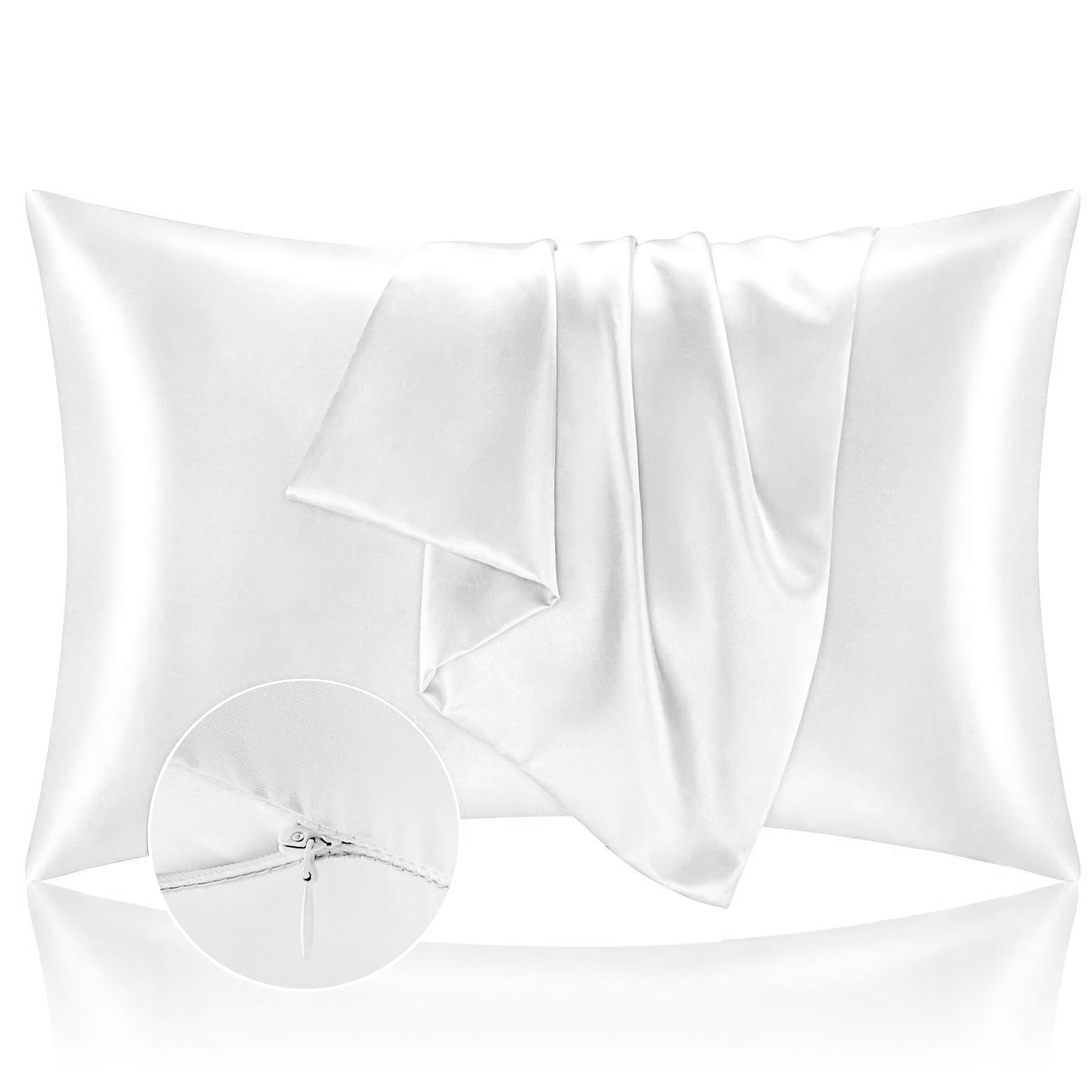 Funda de Almohada 50x90 Satén, Protector Almohada Saten para Proteger Piel y Cabello - Súper Suave e Hipoalergénica - Juego de 2 Fundas Almohada con Cremallera Blanco OEKO-TEX STANDARD 100