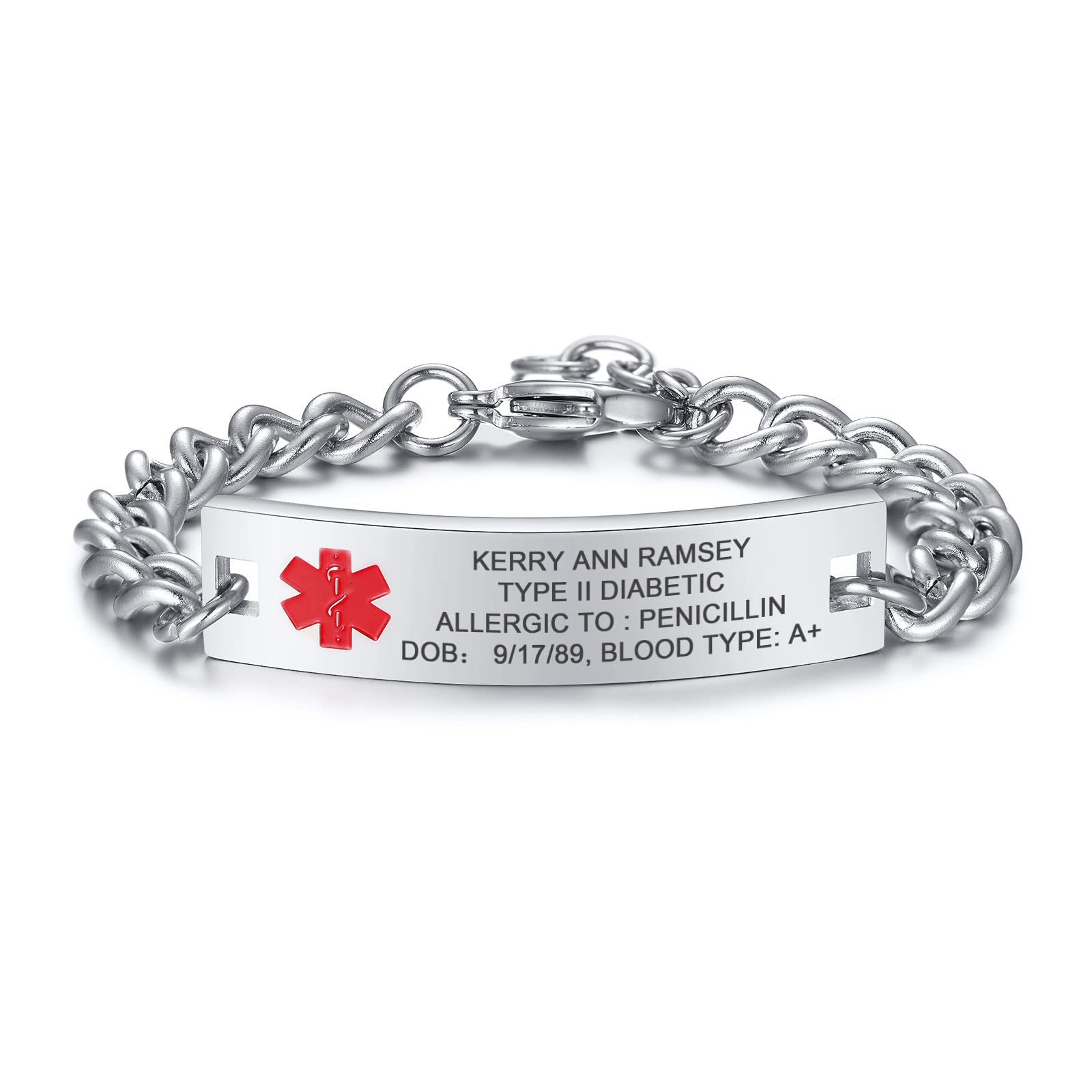 MEALGUET Free Engraving Stainless Steel Medical Alert ID Bracelet,Curb Chain Link Medic Emergency ID Bracelet for Men Women,Customizable & Waterproof