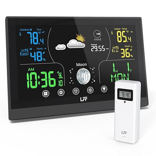 LFF Estación meteorológica inalámbrica para interiores y exteriores, pantalla a color, termómetro digital con reloj atómico, termómetro para