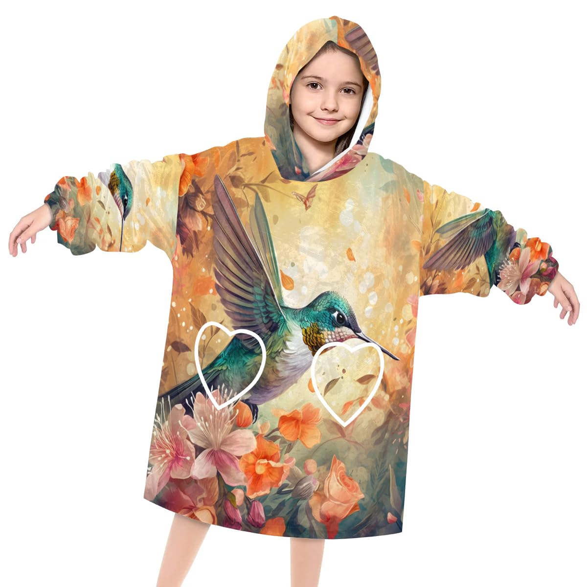 Kids Blanket Hoodie Birds Hummingbird Wearable Blanket Hoodie Oversized Hooded Blanket, Sweatshirt Blanket with Pockets Soft Warm Kids Hooded Blanket for Girls, Boys