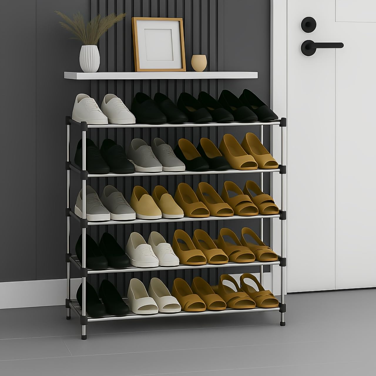 JD FRESH 5 Tier Stainless Steel Shoes Rack for Home/Shoe Stand/Rust-Proof & Sturdy Shoe Organizer for Entryway/Footwear Organizer/Books/Newspaper/Plants (Black & Silver)