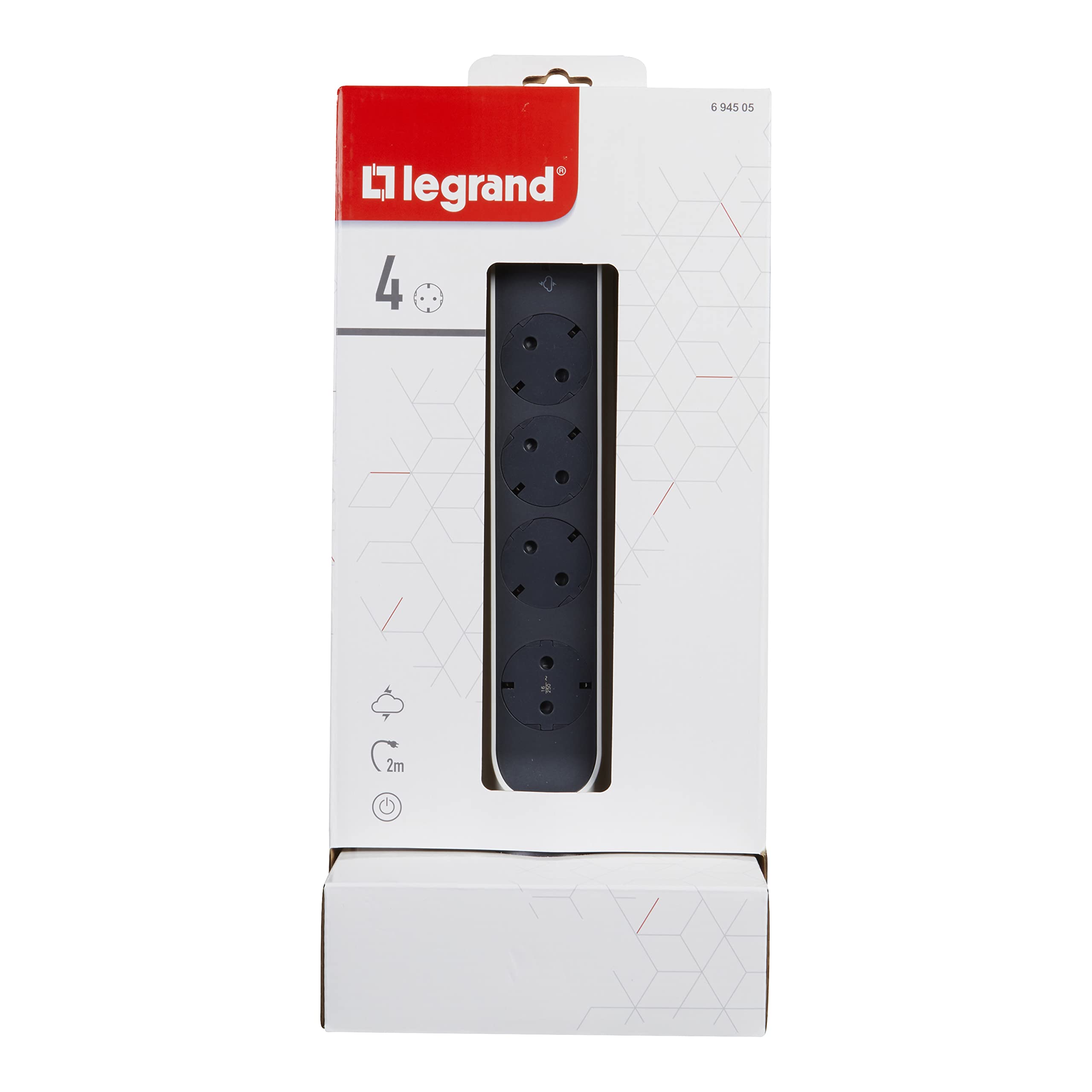 Legrand 694505 Multiprise Verticale avec Protection Contre Les surtensions, avec Interrupteur, Prise Multiple avec 4 Prises, câble de 2 m, Blanc/Gris foncé