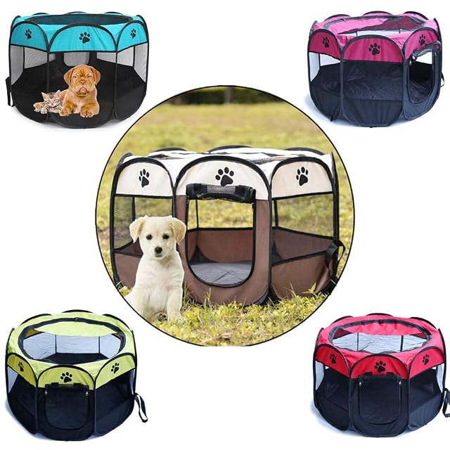 Foto 6 de 6 de Recinto plegable para mascotas, tela Oxford, portátil, para perros, gatos, parque de juegos octogonal