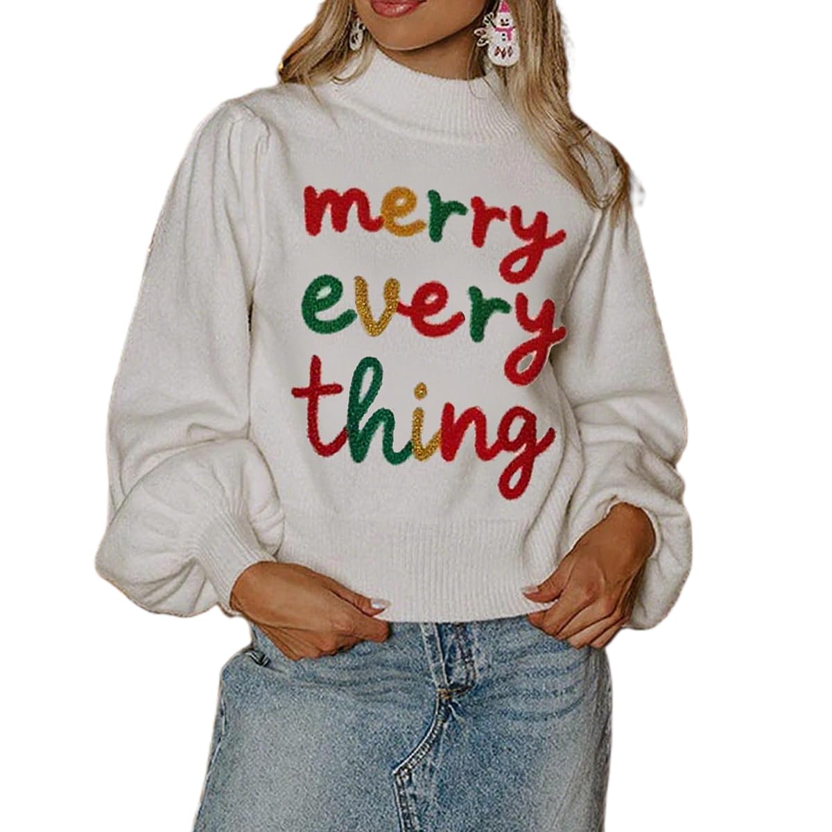 Women Mock Neck Christmas Sweater Long Lantern Sleeve Tinsel Graphic Knitted Pullover Top Casual Crop Xmas Sweaters
