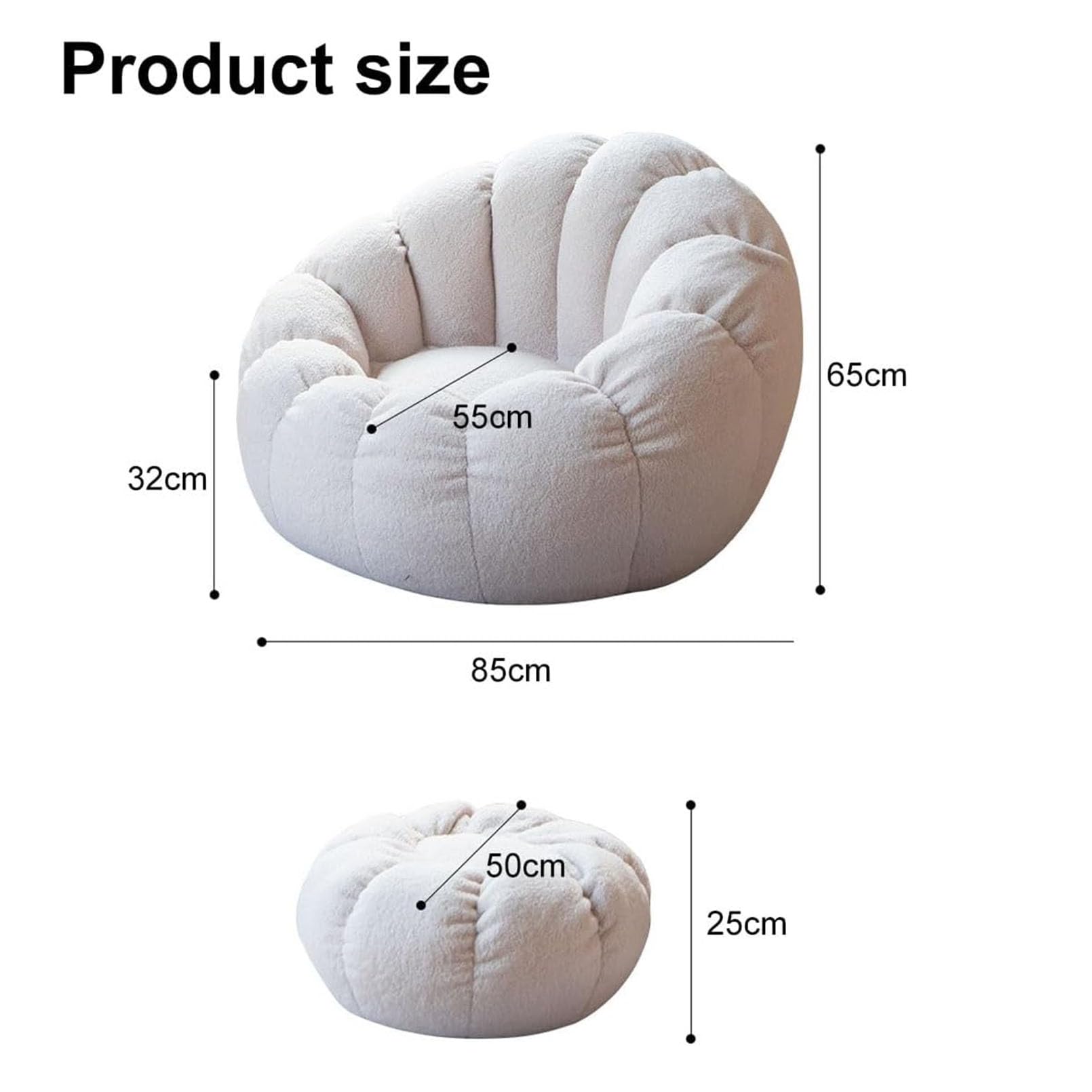 Lazy Lounger Sitzsack Stuhlbezug, Sessel aus ultraweichem Teddy-Stoff (ohne Füllstoff) Kürbis-Optik, Soft and Comfortable, Optimal Support for The Back 85 x 65 cm,Weiß