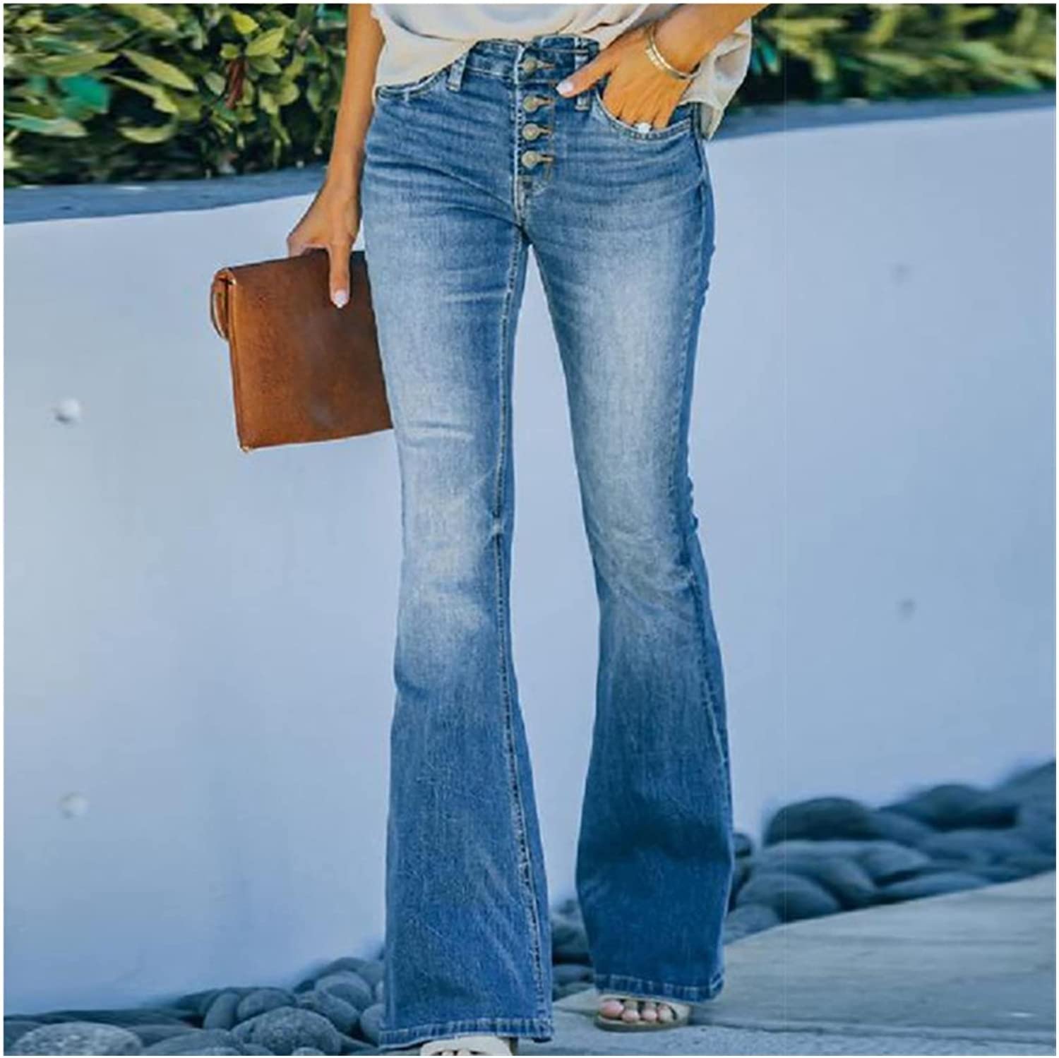 Jeans De Pierna Acampanada Cintura Alta Con Botones Vintage De Los Años 90, Pantalones De Pierna Ancha Tiro Alto Jeans De Mezclilla Azules Elásticos, Classic Pull-On Stretch Denim Bell Bottom Vaqueros