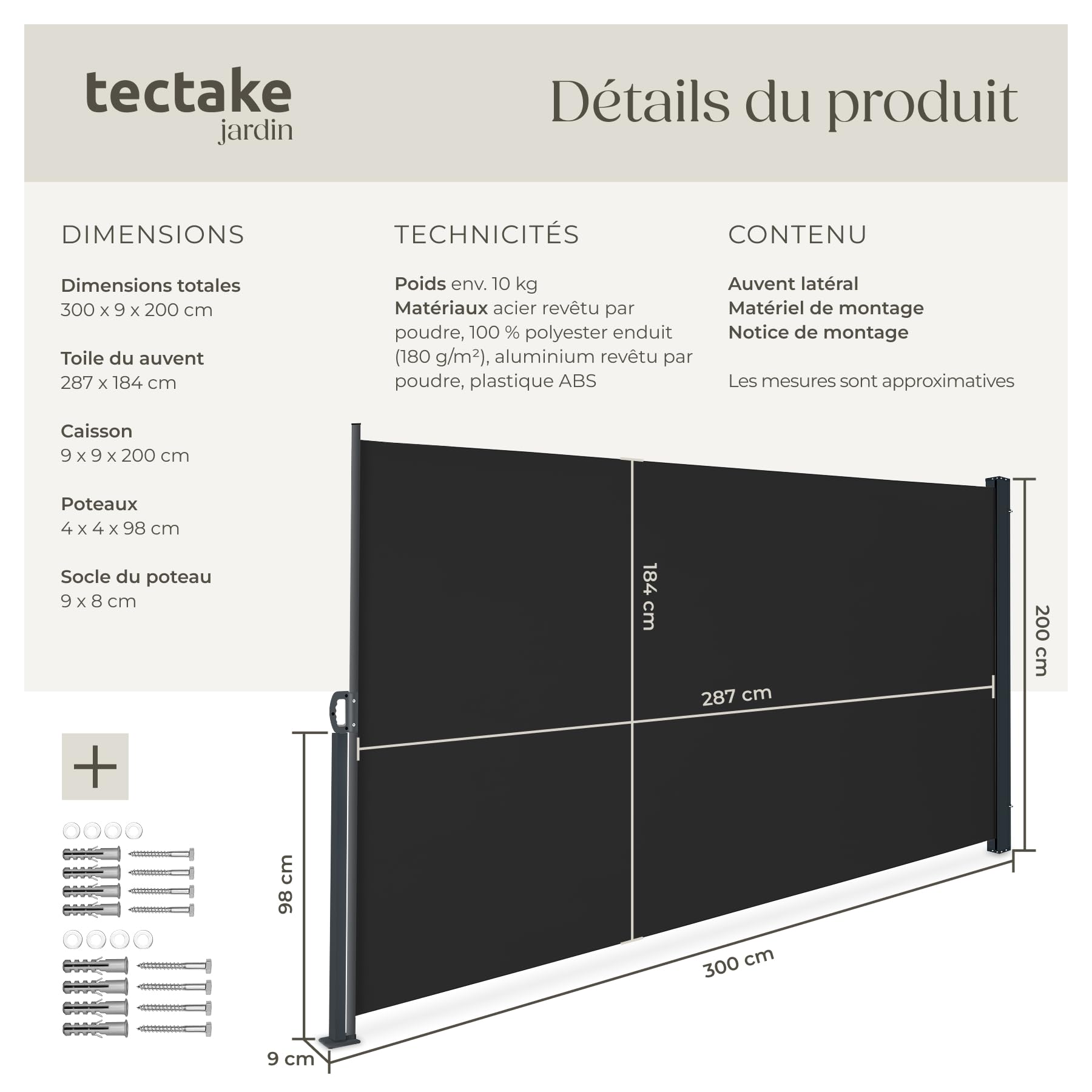 tectake® Store latéral 200 x 300 cm, Résistant aux intempéries, Protection Soleil et Vent, Brise Vue Opaque, Tissu en Polyester Enduit, Auvent latéral Extensible, Mécanisme d'enroulement - Noir
