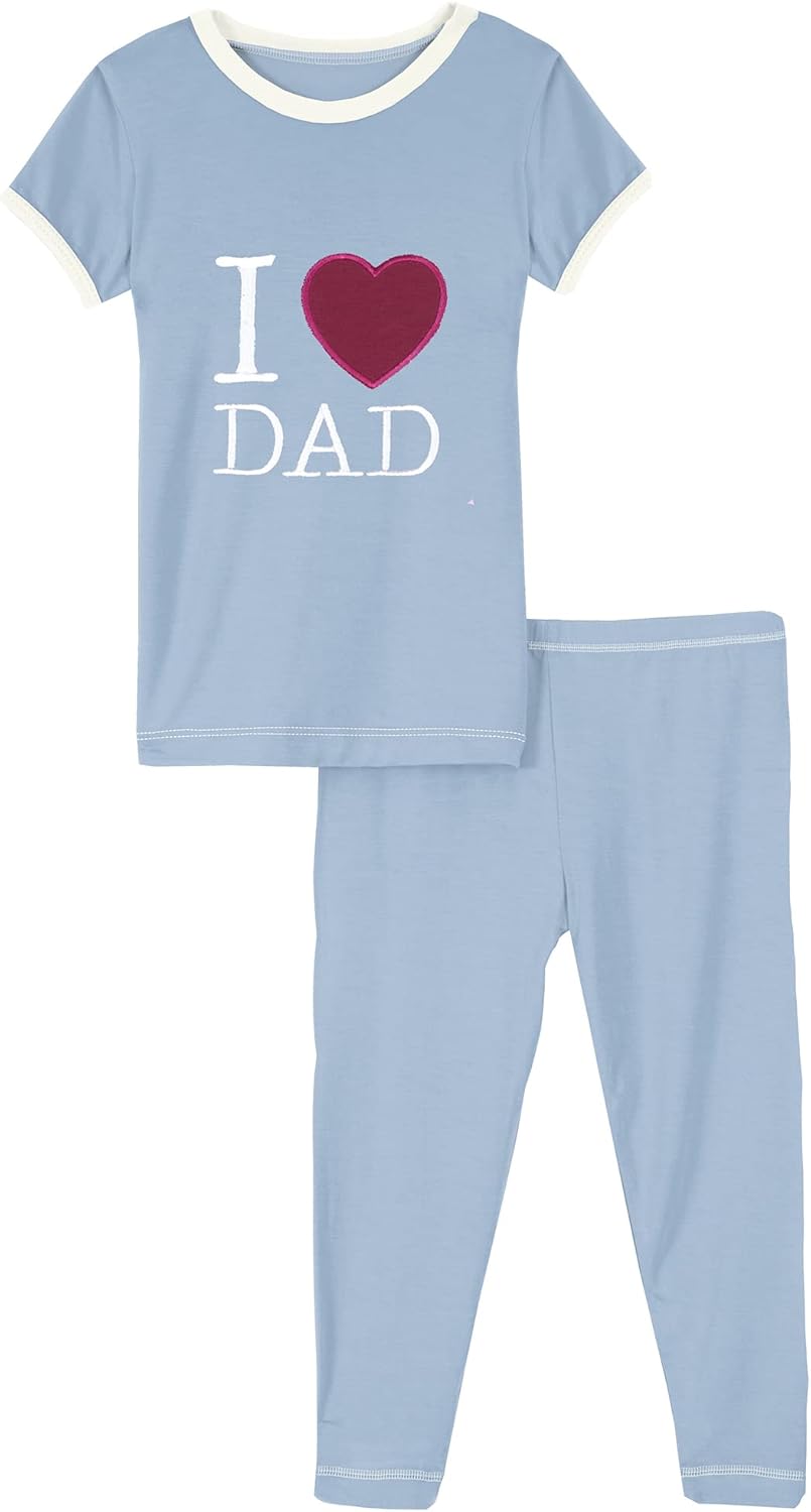 KicKee Two-Piece Applique Pajama Set with Short Sleeves, I Love Mom Pajamas