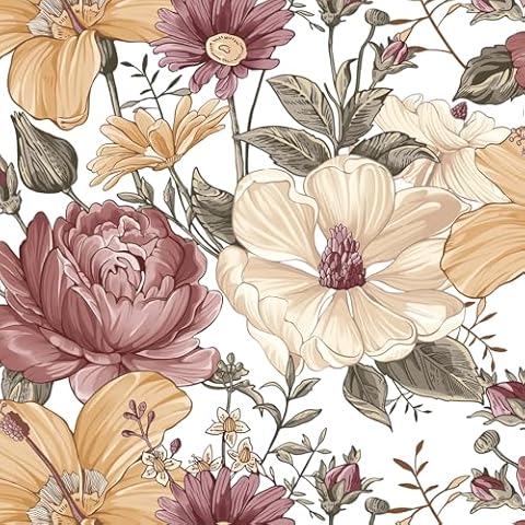 Livebor Floral Peel and Stick Wallpaper Vintage Large Floral Wallpaper 16.9in x 118.1in Multicolor Floral Contact Paper Peony Removable Self Adhesive Wallpaper for Bedroom Bathroom Decorative Vinyl Cover
