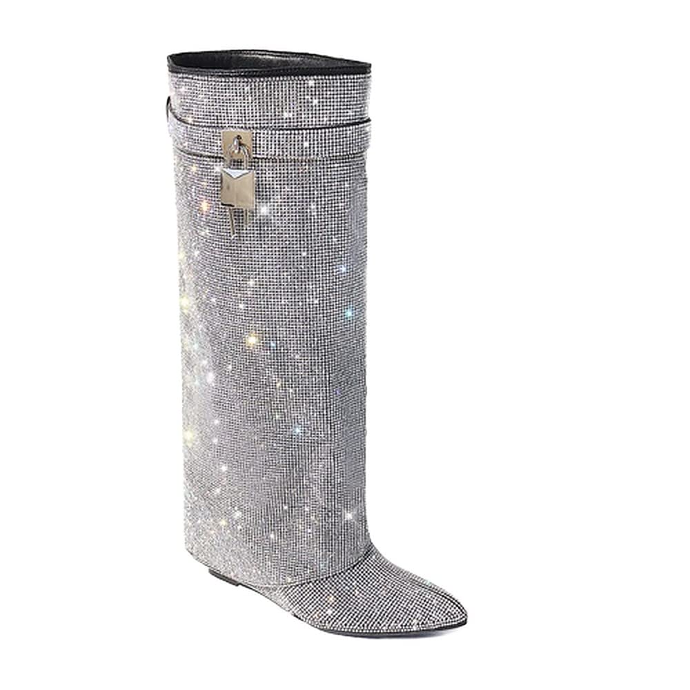 Liliana Women Rhinestone boots Fold over boots Knee high Wedge Heel Pointed Toe Pull-On Tall Boots MUTTO-1 C