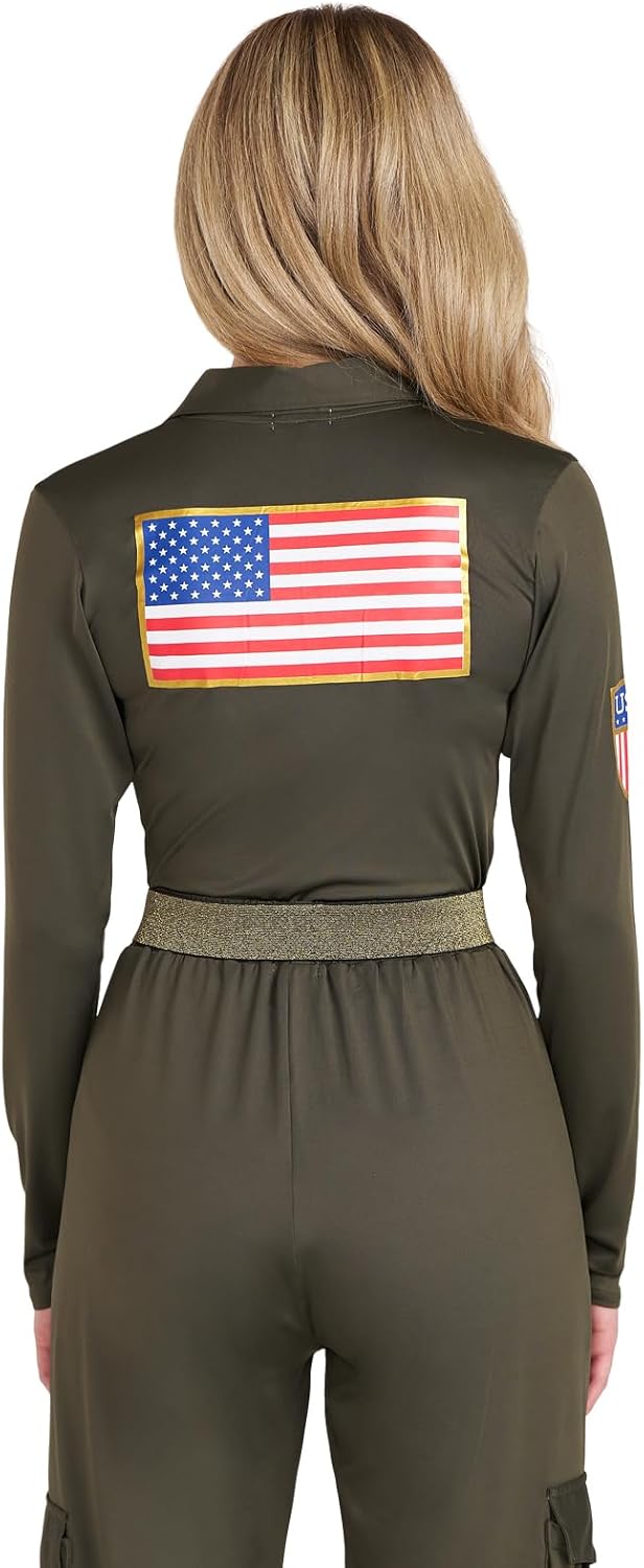 Tipsy Elves Women's Fighter Pilot Halloween Costume – Green Military Flight Bodysuit with Cargo Pants, Belt, and Real Patches - Image 2
