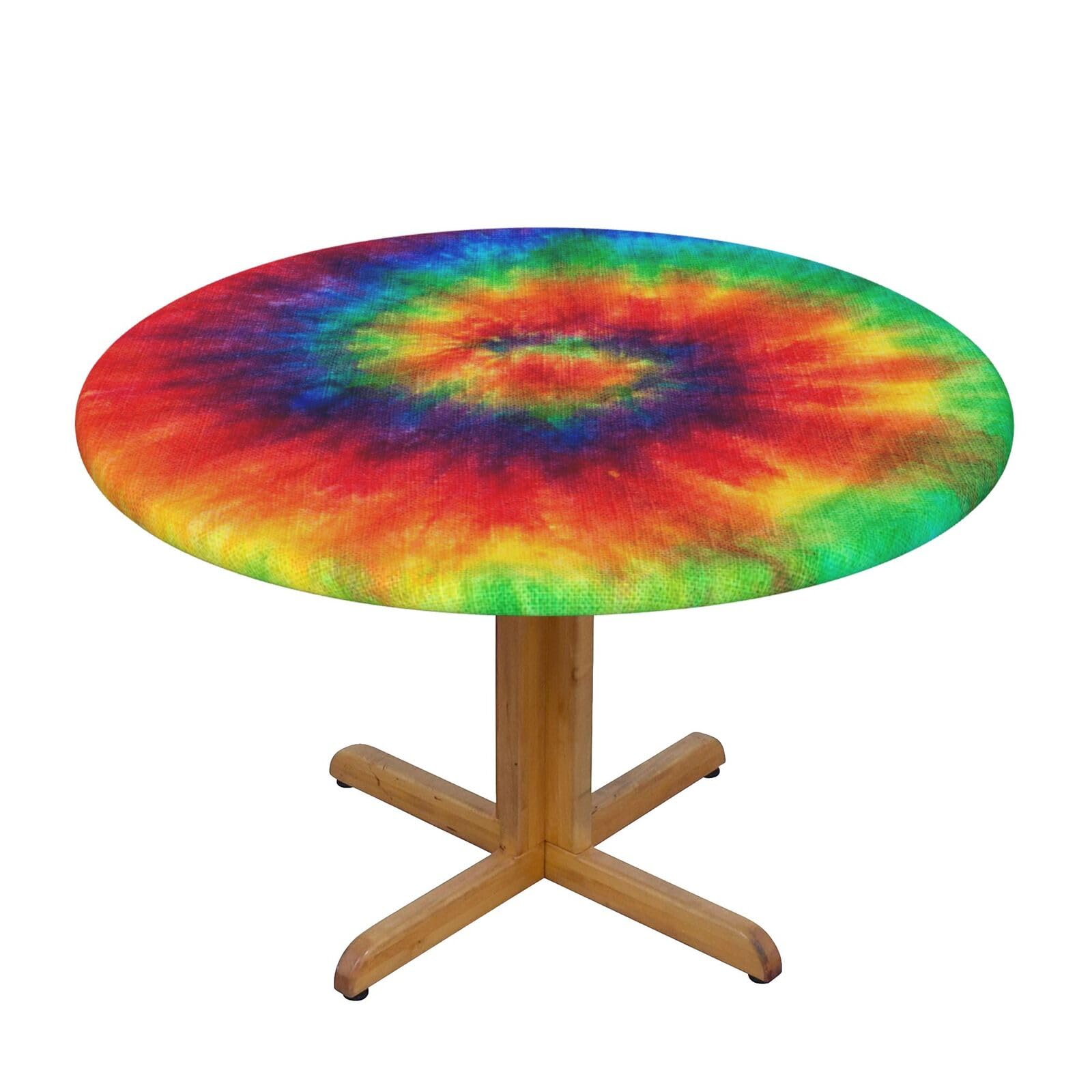 Ffshkowe Tie Dye Rainbow Elastic Round Tablecloth Oil Proof Table Cover For Dining Party Picnic