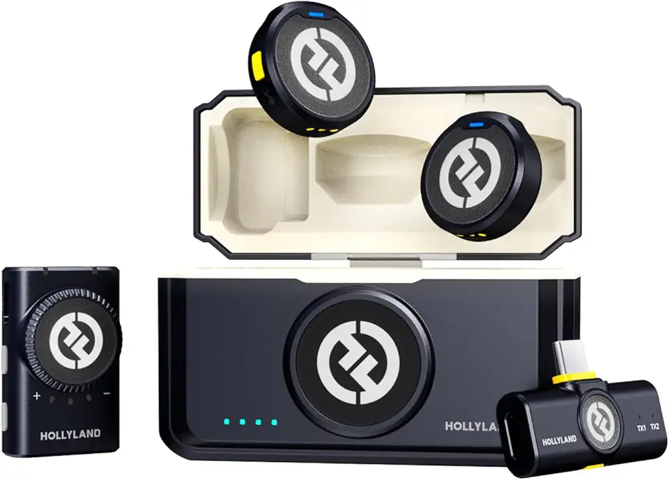 Hollyland Lark M2 Microfone de Lapela Sem Fio, Mini Microfone 48kHz/24bit, Cancelamento de Ruído para Gravação e Transmissão, Compatível com iPhone/Camera/Android/PC(2TX+2RX+Estojo de Carregamento)