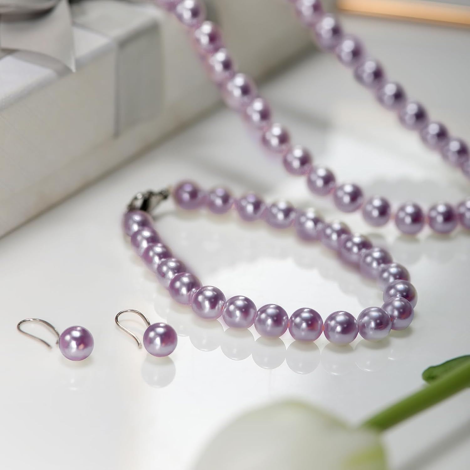 AOOVOO Pearl Necklace Set for Women, 8mm Round Shell Pearl Includes Stunning Bracelet and Dangle Earrings 3 Piece Jewelry, Birthday Christmas Gift for Mom Wife Sister Best Friend, Gift Box - Image 3